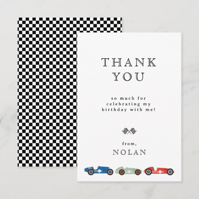 Carte De Remerciements Thème d'anniversaire de voiture de course rétro (Devant / Derrière)