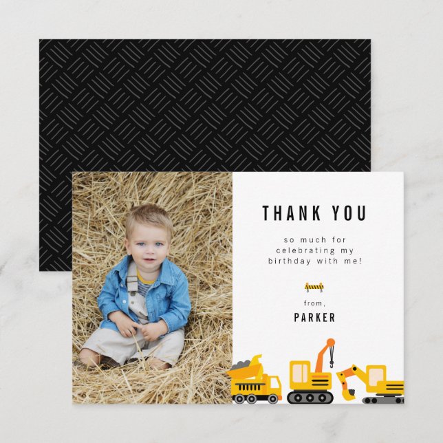 Carte De Remerciements Thème de camions de construction Photo d'anniversa (Devant / Derrière)