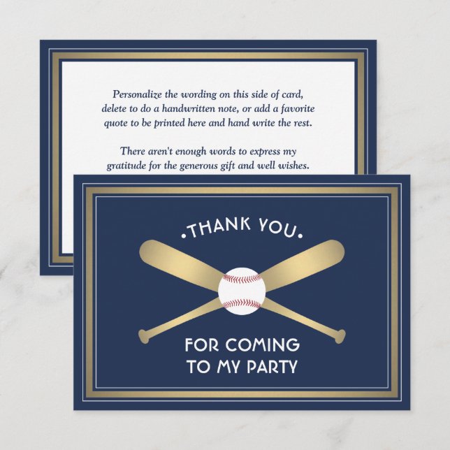 Carte De Remerciements Thème de fête baseball "Any Text" Bleu marine blan (Devant / Derrière)