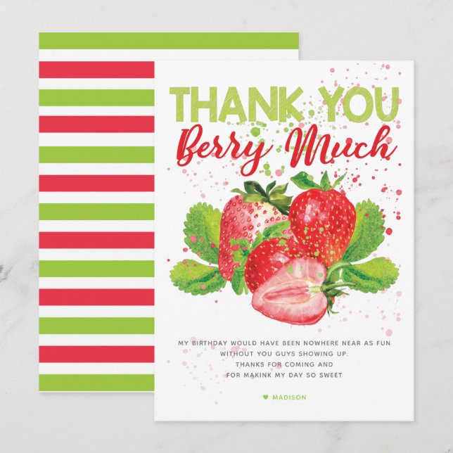 Carte De Remerciements Thème fraise Anniversaire (Devant / Derrière)
