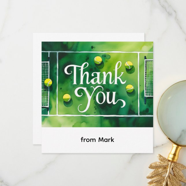 Carte De Remerciements Thème tennis style aquarelle (Devant/Arrière en situation)