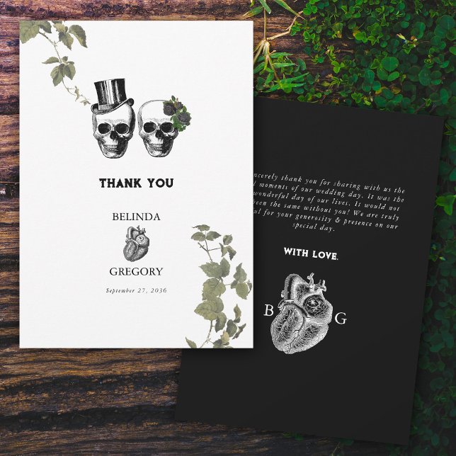 Carte De Remerciements Til Death Coeur gothique Mariage des crânes florau (Til Death Gothic Heart Floral Skulls Wedding Thank You Card)