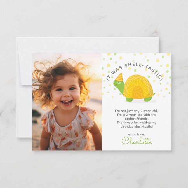 Carte De Remerciements Tortue, jaune vert, photo d'anniversaire d'enfant (Devant)