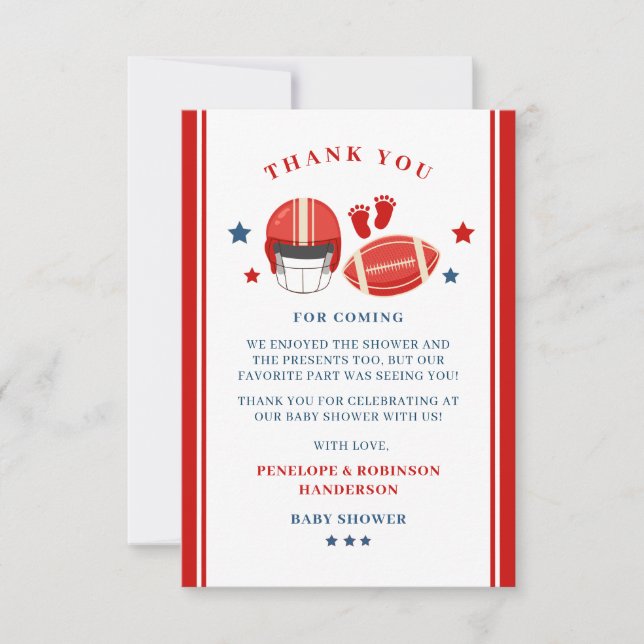 Carte De Remerciements Touchdowns et petits orteils, Baby shower de footb (Devant)