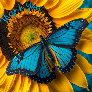 Carte De Remerciements Tournesol avec papillon bleu Aqua