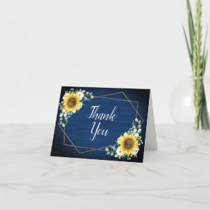 Carte De Remerciements Tournesol Blanc Floral Marine Bois Mariage géométr