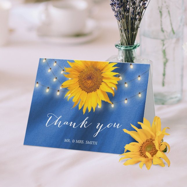 Carte De Remerciements Tournesol de campagne et guirlande lumineuse bleue (Créateur téléchargé)