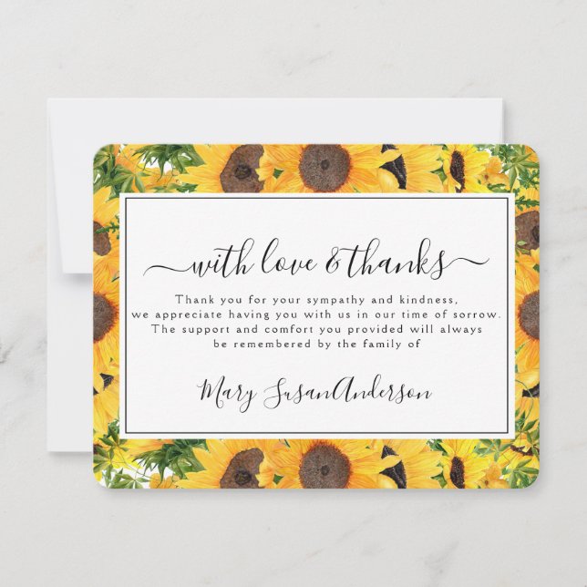 Carte De Remerciements Tournesol en mémoire d'amour (Devant)