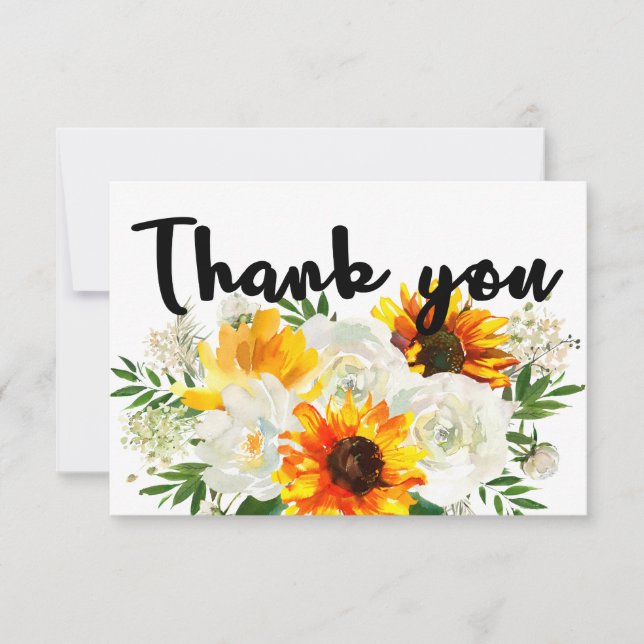 Carte De Remerciements Tournesol et Rose blanche (Devant)