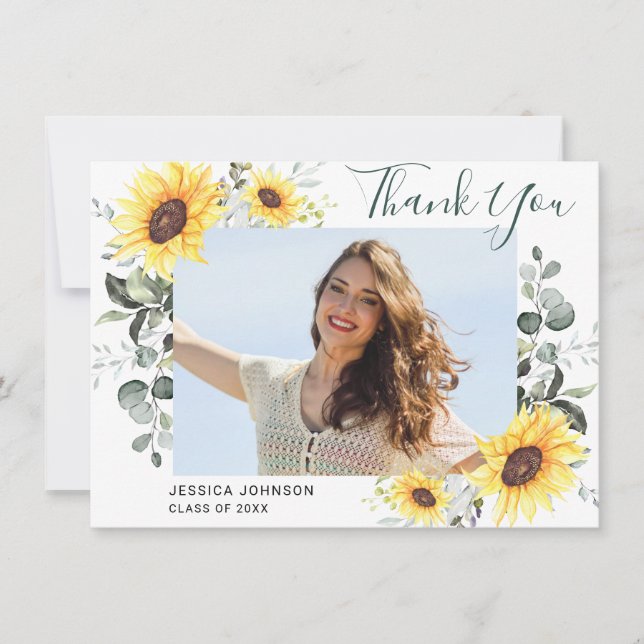 Carte De Remerciements Tournesol Eucalyptus Rustic PHOTO Graduation (Devant)