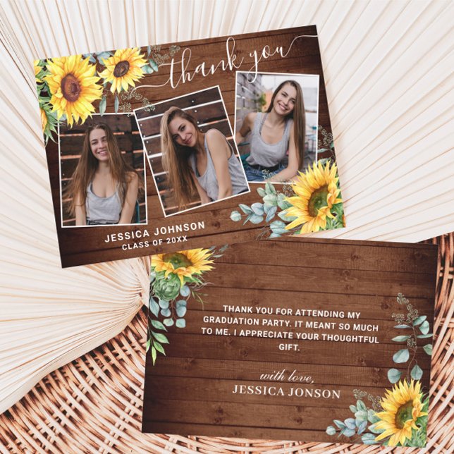 Carte De Remerciements Tournesol Eucalyptus Rustique 3 PHOTO Graduation (Créateur téléchargé)
