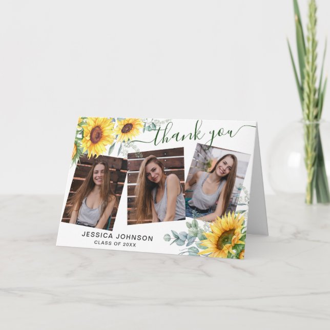 Carte De Remerciements Tournesol Eucalyptus Rustique 3 PHOTO Graduation (Devant)