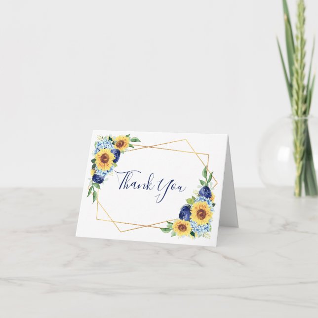 Carte De Remerciements Tournesol Géométrique Dusté Bleu Marine Mariage Fl (Devant)