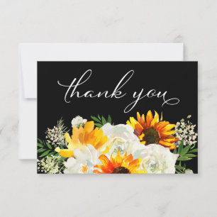 Carte De Remerciements Tournesol & Rose Blanche Floral 2 Noir
