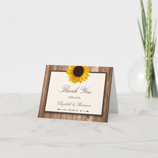 Carte De Remerciements Tournesol rustique et Mariage de bois Brown (Devant)
