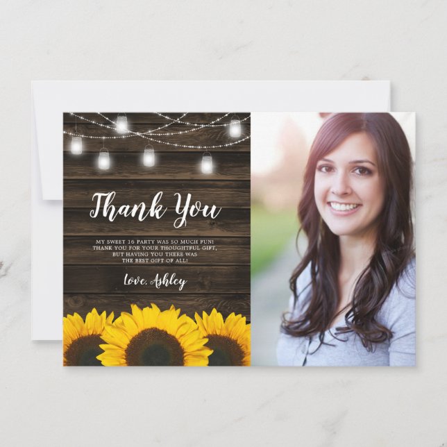 Carte De Remerciements Tournesol rustique Mason Jar Lights Sweet 16 Photo (Devant)