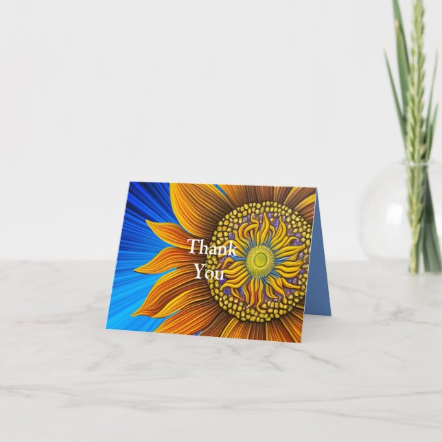 Carte De Remerciements Tournesol rustique sur bleu (Devant)