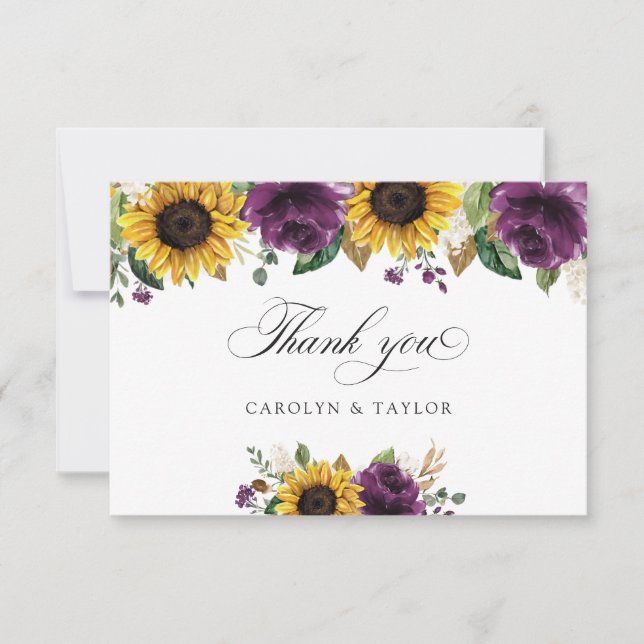 Carte De Remerciements Tournesols vert pourpre Floral Rustique Mariage (Devant)