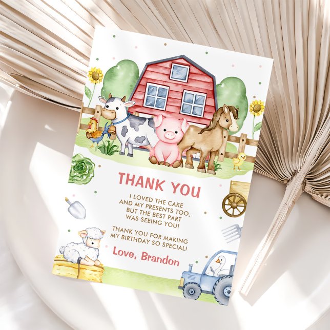 Carte De Remerciements Tracteur Animaux de ferme 1er anniversaire (Créateur téléchargé)