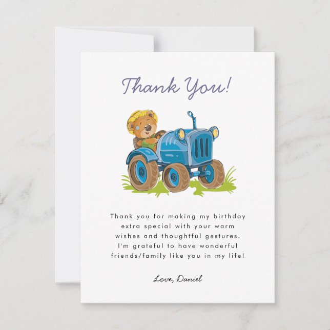 Carte De Remerciements Tracteur de ferme d'ours (Devant)
