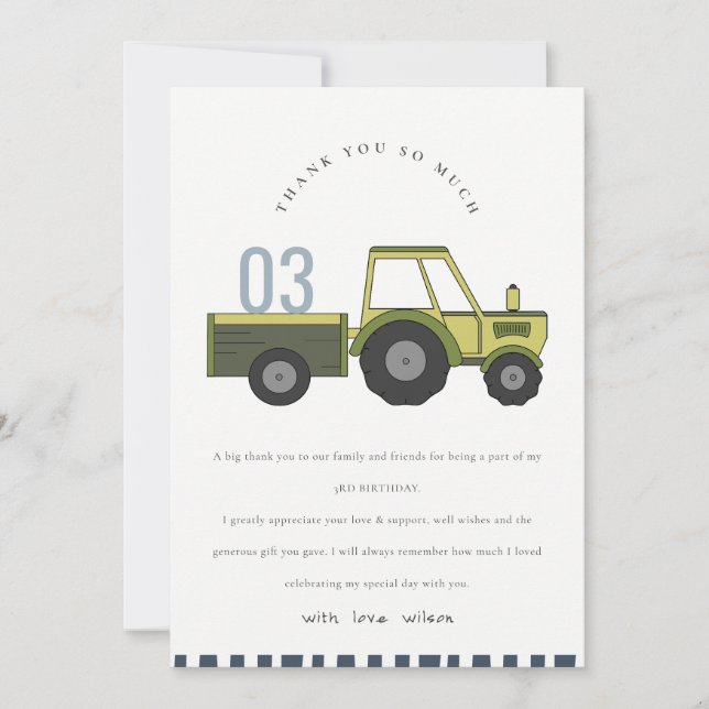 Carte De Remerciements Tracteur de ferme vert bleu mignon pour enfants d' (Devant)