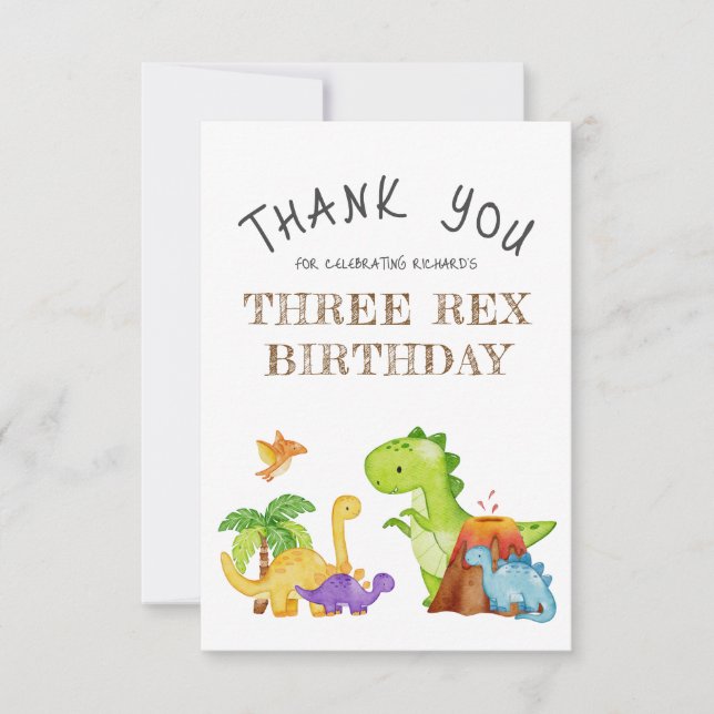 Carte De Remerciements Trois enfants Rex Dinosaur 3e fête d'anniversaire (Devant)
