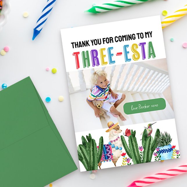 Carte De Remerciements Trois esta Fiesta 3ème anniversaire Photo (Colorful Three-esta fiesta thank you card personalized with your photo)