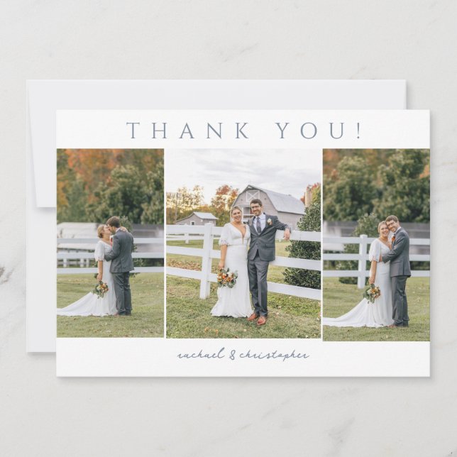Carte De Remerciements Trois photos Floral moderne Outline Dusty Blue (Devant)
