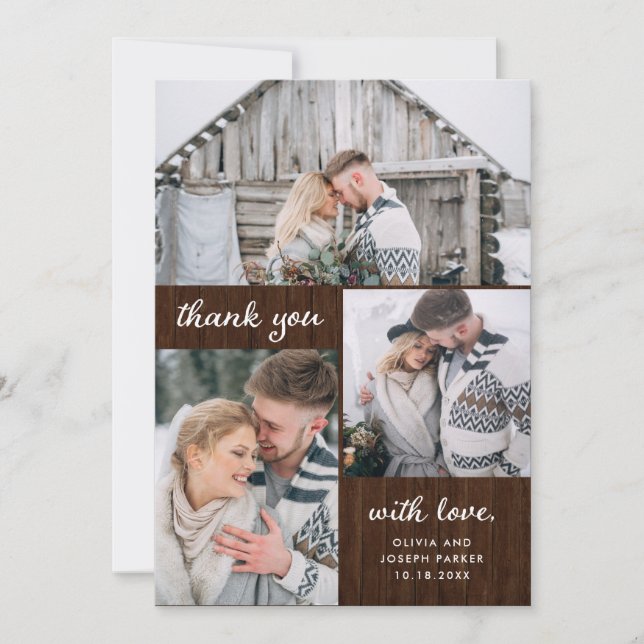 Carte De Remerciements Trois photos sur le bois rustique| Mariage (Devant)