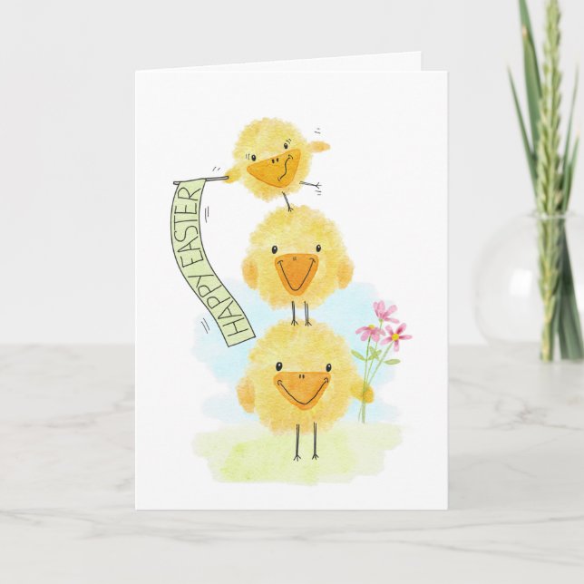 Carte De Remerciements Trois poules et fleurs de Pâques (Devant)