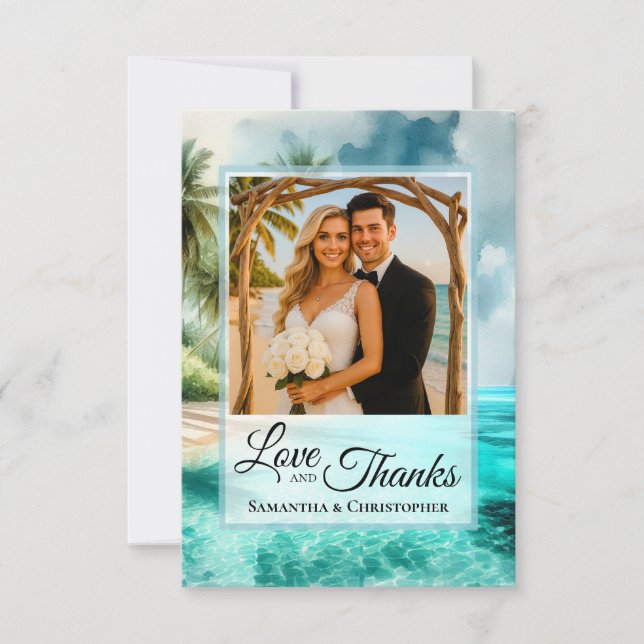 Carte De Remerciements Tropical Beach Love & Thanks Photo & Note Wedding (Devant)
