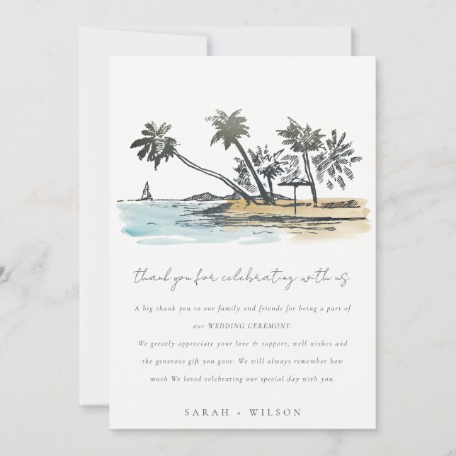 Carte De Remerciements Tropical Beach Palm Tree Sketch Mariage d'aquarell (Devant)