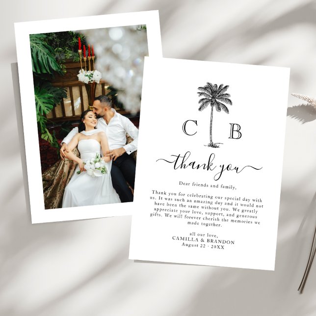 Carte De Remerciements Tropical Simple Palm Initials Photo Wedding  (Créateur téléchargé)