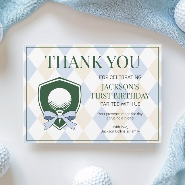 Carte De Remerciements Trou En Un Blue Golf Boys Moderne 1er Anniversaire (Hole In One Blue Golf Boys Modern 1st Birthday Thank You Card)