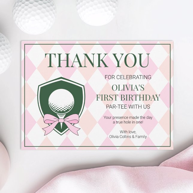 Carte De Remerciements Trou En Un Rose Golf Girls Moderne 1er Anniversair (Hole In One Pink Golf Girls Modern 1st Birthday Thank You Card)