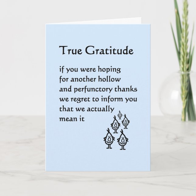Carte De Remerciements True Gratitude - un poème de remerciement amusant (Devant)