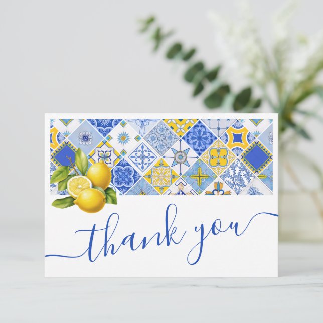 Carte De Remerciements Tuile italienne bleue Lemon Summer Fête de mariage (Debout devant)