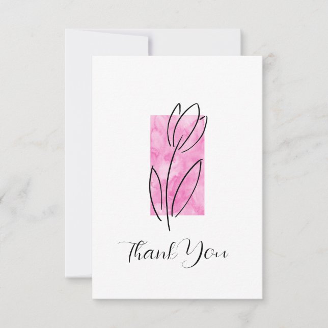 Carte De Remerciements Tulipe Linéaire Dessinée À La Main, Aquarelle Rose (Devant)