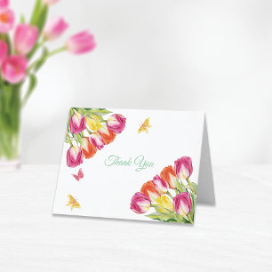 Carte De Remerciements Tulipes & Papillons Blanc Baptême de Mariage
