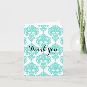 Carte De Remerciements Turquoise & blanc Damask Chic Moderne Elégant Merc