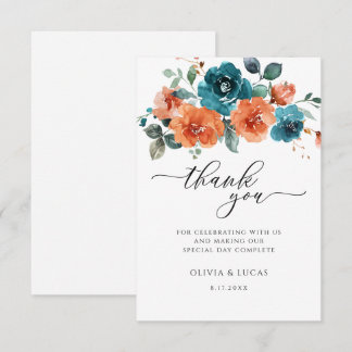 Carte De Remerciements Turquoise Burnt Orange Aquarelle Floral Mariage