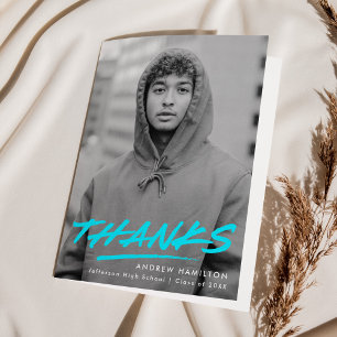 Carte De Remerciements Turquoise Dashed Modern Photo Graduation
