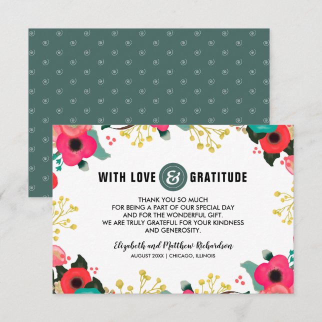 Carte de remerciements Turquoise Floral rose moder (Devant / Derrière)