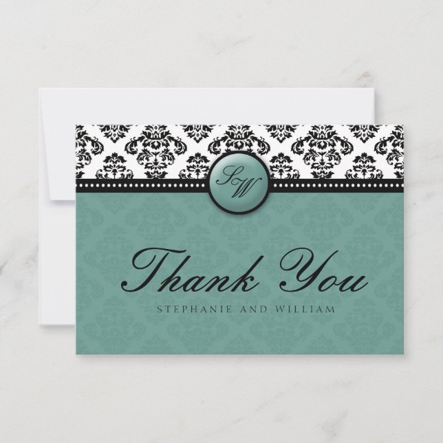 Carte De Remerciements Turquoise Mariage de monogramme Damask (Devant)