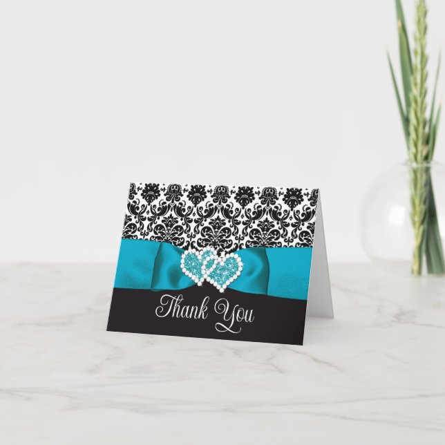 Carte De Remerciements Turquoise, Noir Damask Love Hearve Mariage (Devant)