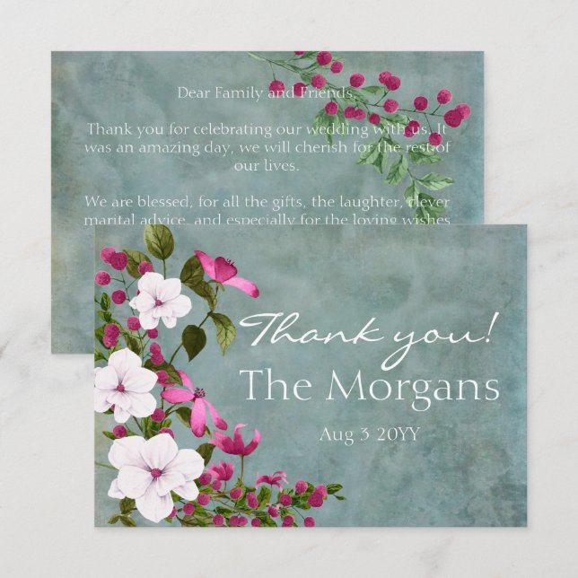 Carte De Remerciements Turquoise poussiéreux blanc magenta vert Floral (Devant / Derrière)