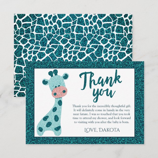 Carte De Remerciements Turquoise Turquoise Giraffe Baby shower Parties sc (Devant / Derrière)