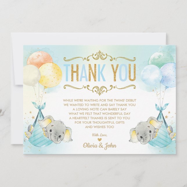 Carte De Remerciements Twin Baby Boys Elephant Baby shower Sprinkel (Devant)