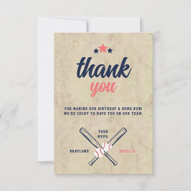 Carte De Remerciements Twin Baseball Anniversaire Garçon Fille (Devant)