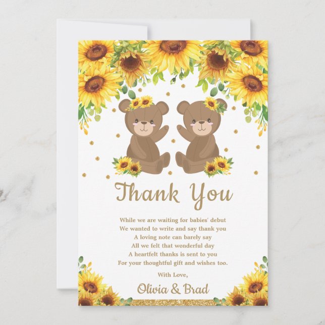Carte De Remerciements Twin Girls Teddy Bear Baby shower de tournesol (Devant)
